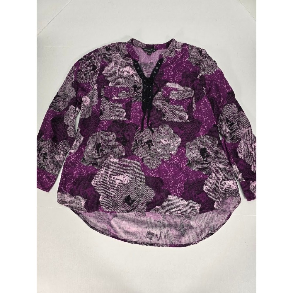 Rock & Republic Purple Floral Blouse Lace Up Neckline Long Sleeve Top‎ Size XL